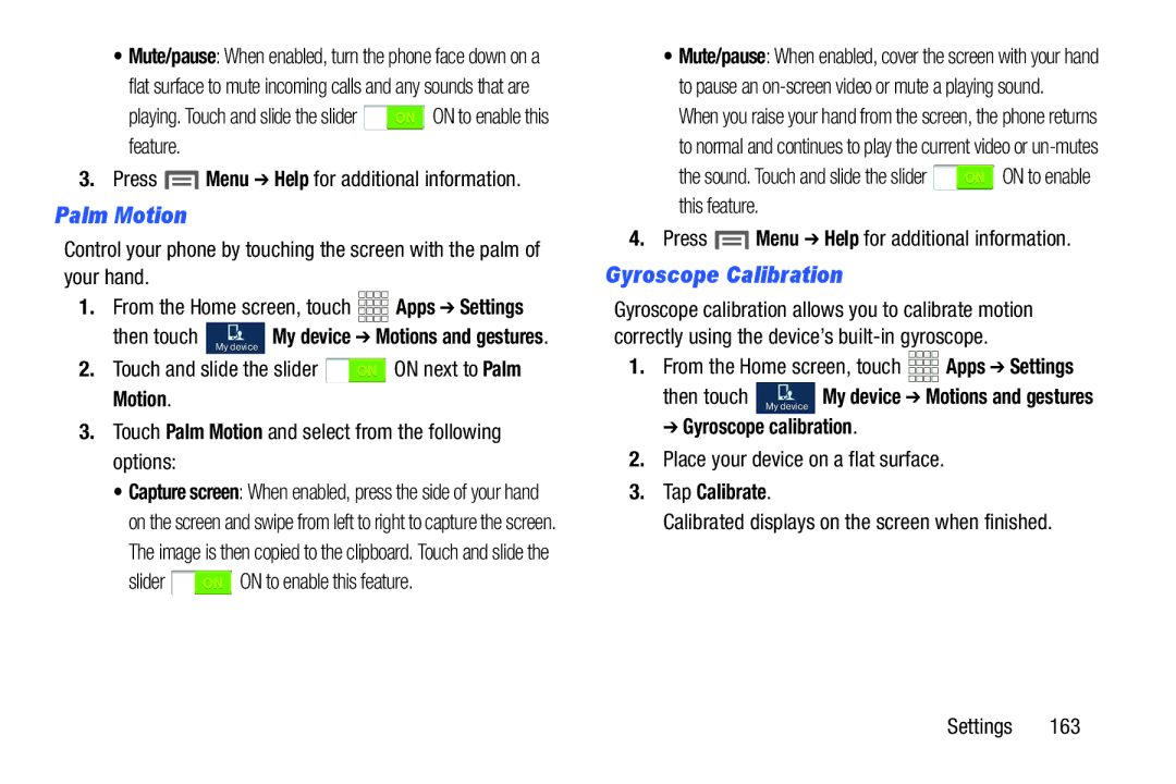 Samsung GH68-38773F user manual Palm Motion, Gyroscope Calibration, Gyroscope calibration, Tap Calibrate 