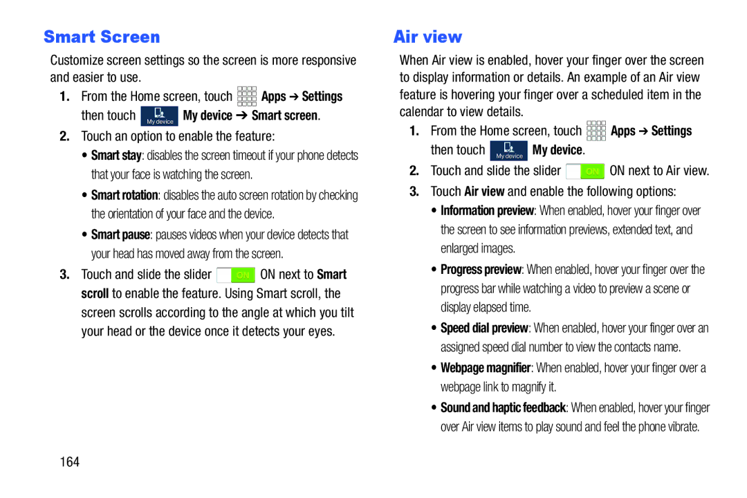 Samsung GH68-38773F user manual Touch an option to enable the feature, Touch Air view and enable the following options, 164 