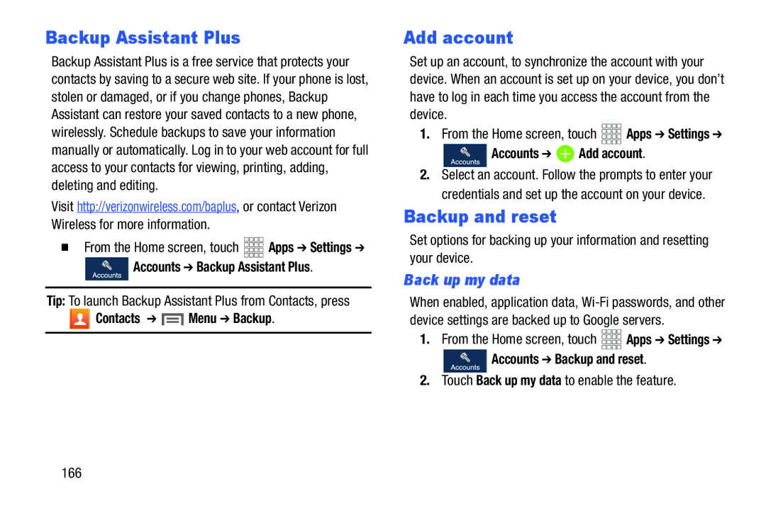 Samsung GH68-38773F user manual Backup Assistant Plus, Add account, Backup and reset, Back up my data 