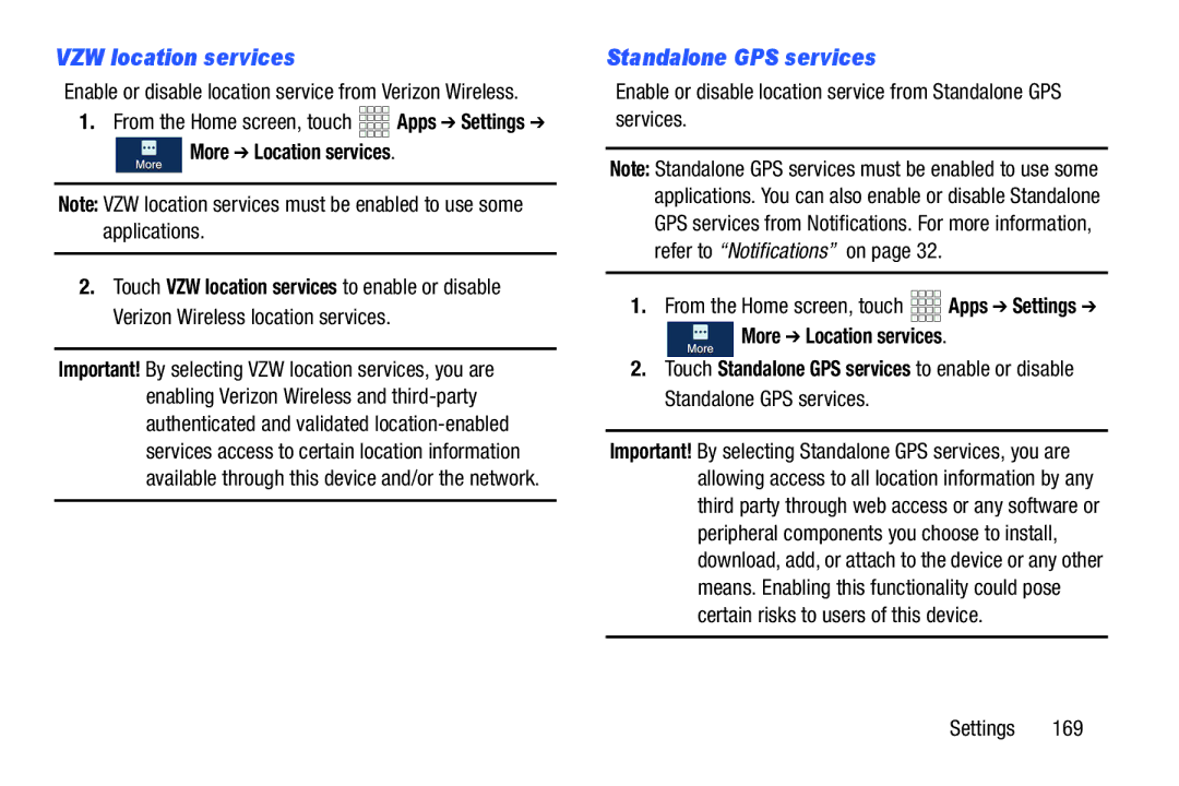 Samsung GH68-38773F user manual VZW location services, Standalone GPS services 