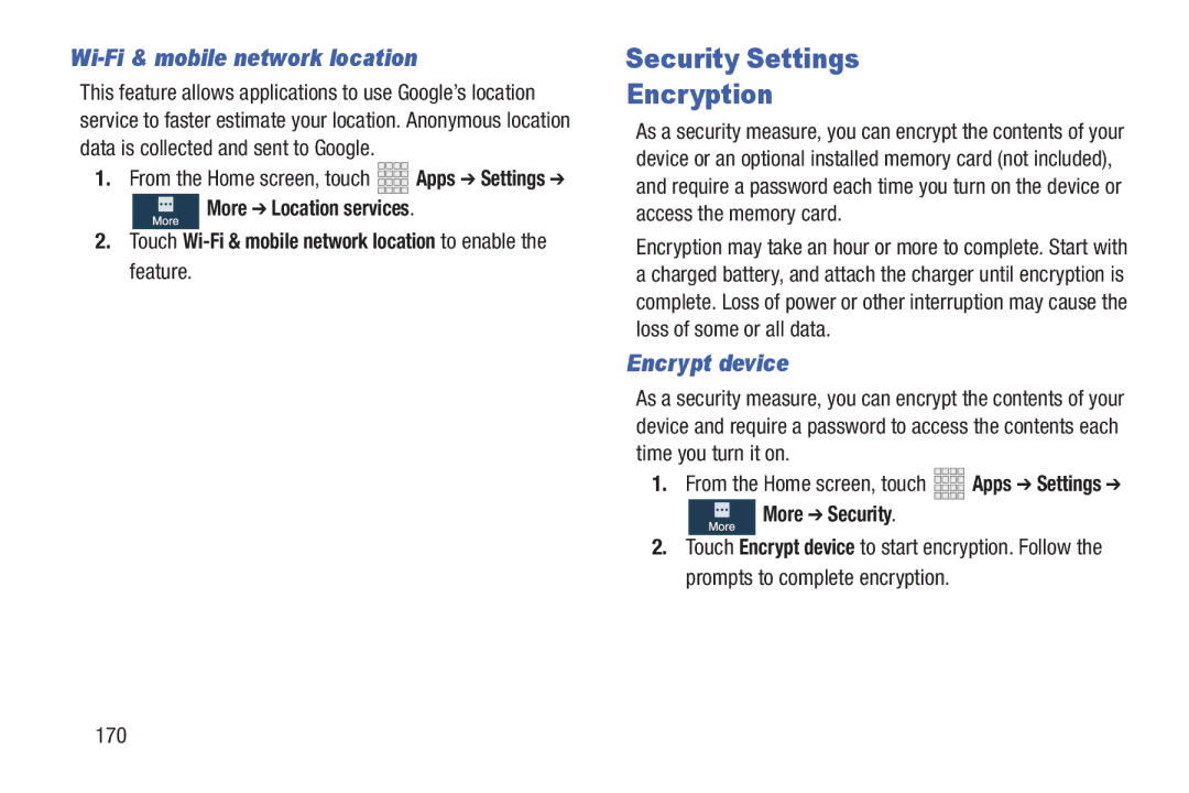 Samsung GH68-38773F Security Settings Encryption, Wi-Fi & mobile network location, Encrypt device, More Security, 170 