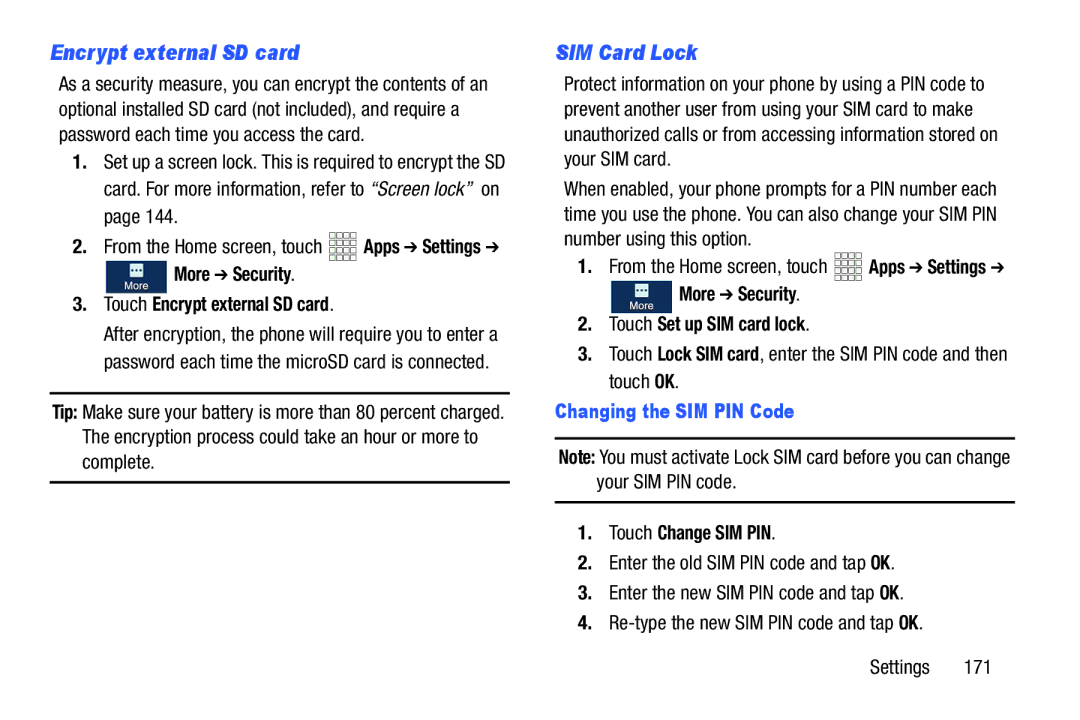 Samsung GH68-38773F user manual Encrypt external SD card, SIM Card Lock, Changing the SIM PIN Code 