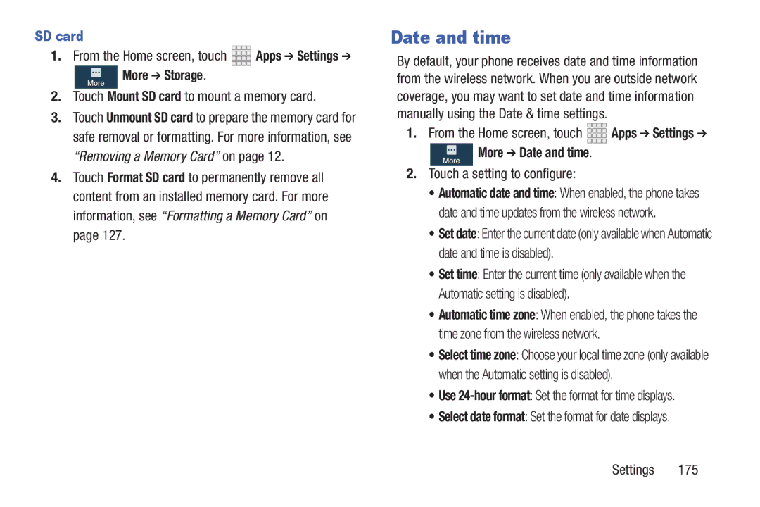 Samsung GH68-38773F user manual Touch Mount SD card to mount a memory card, More Date and time 