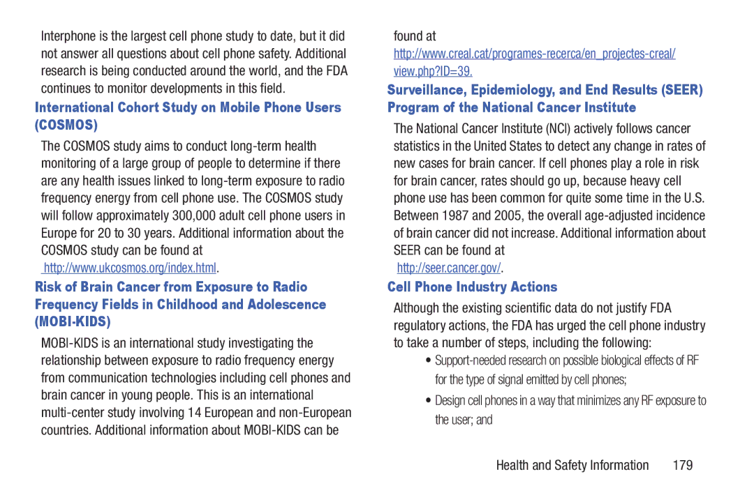 Samsung GH68-38773F International Cohort Study on Mobile Phone Users Cosmos, Found at, Cell Phone Industry Actions, 179 