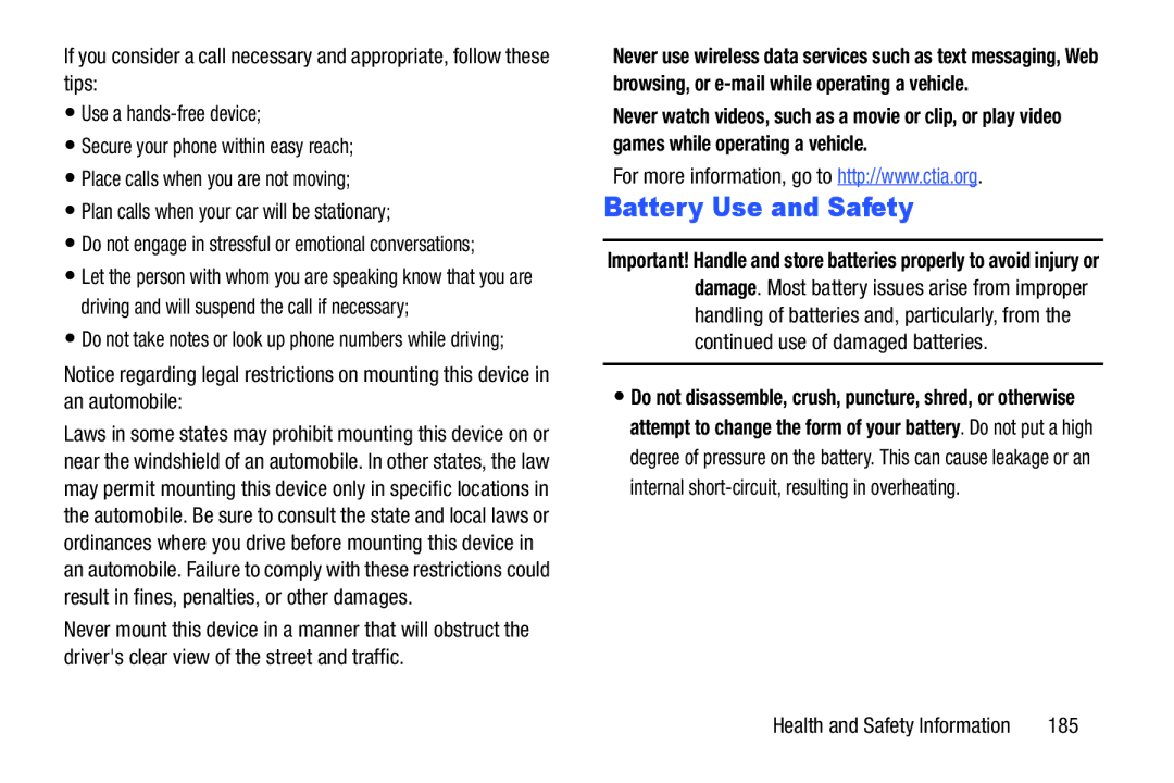 Samsung GH68-38773F user manual Battery Use and Safety, 185 