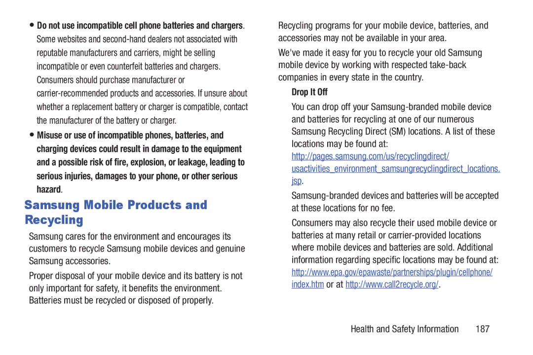 Samsung GH68-38773F user manual Samsung Mobile Products and Recycling, Drop It Off, 187 