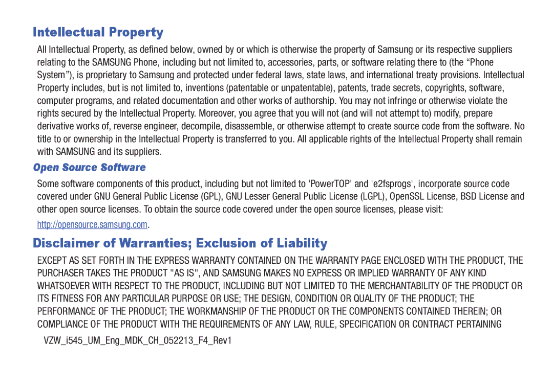 Samsung GH68-38773F Intellectual Property, Disclaimer of Warranties Exclusion of Liability, Open Source Software 