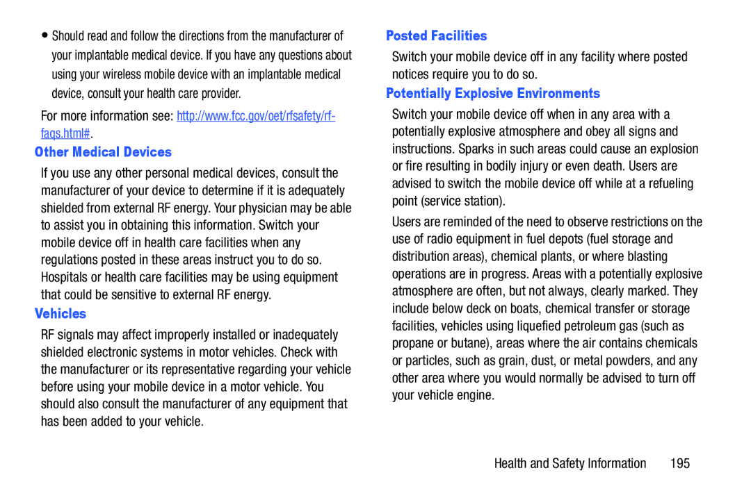 Samsung GH68-38773F user manual Other Medical Devices, Vehicles, Posted Facilities, Potentially Explosive Environments, 195 