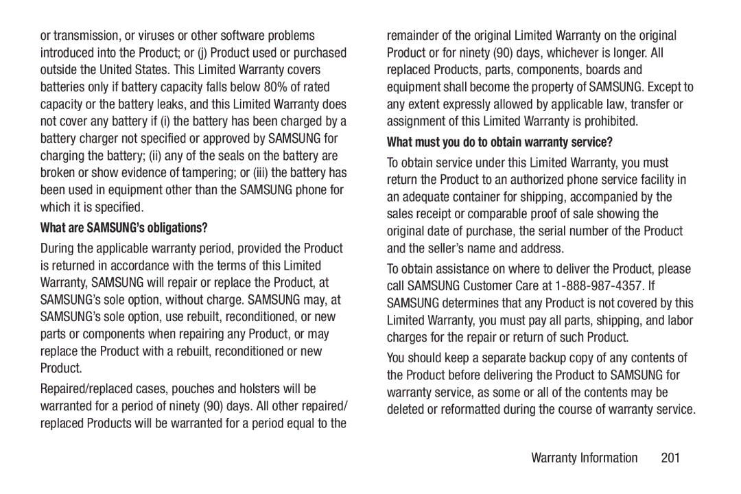 Samsung GH68-38773F user manual What are SAMSUNG’s obligations?, What must you do to obtain warranty service?, 201 