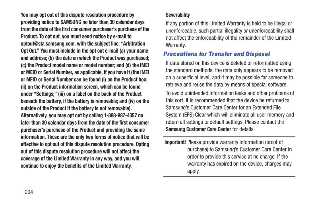 Samsung GH68-38773F user manual Precautions for Transfer and Disposal, Severability, 204 