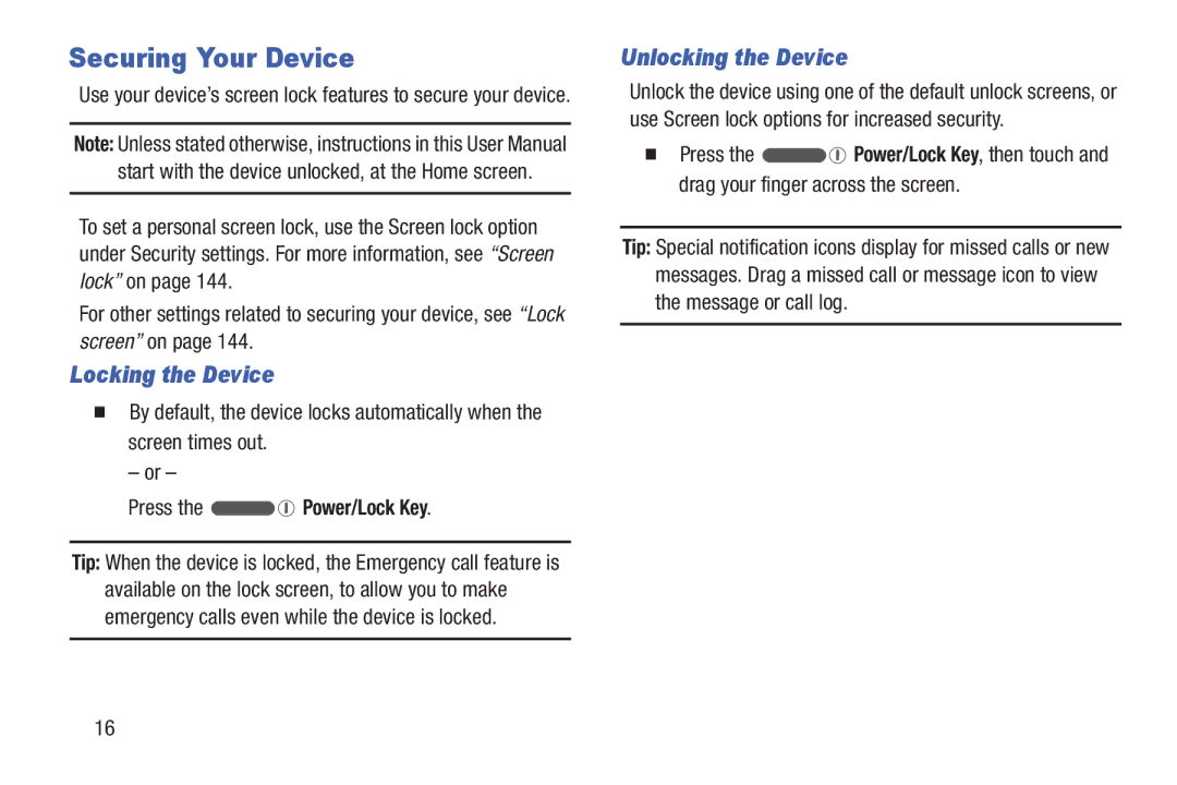 Samsung GH68-38773F user manual Securing Your Device, Locking the Device, Unlocking the Device, Press the Power/Lock Key 