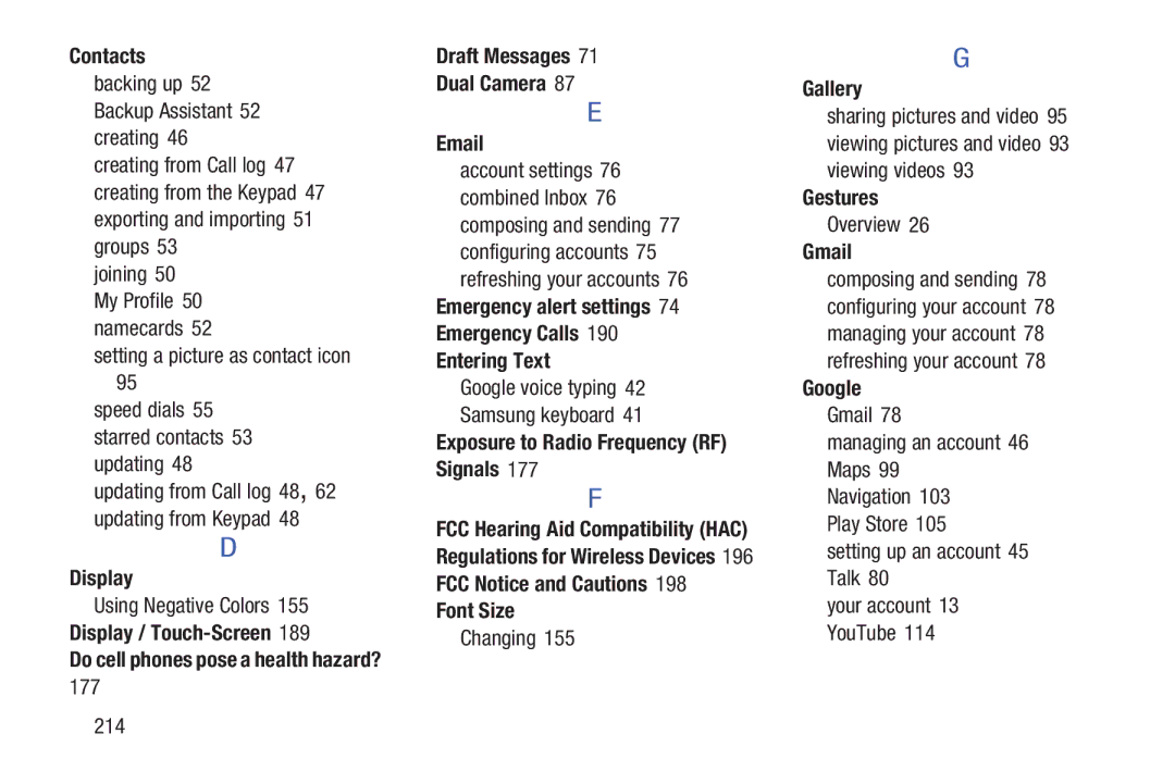 Samsung GH68-38773F Display / Touch-Screen, Draft Messages Dual Camera, Entering Text, Font Size, Gallery, Gestures 