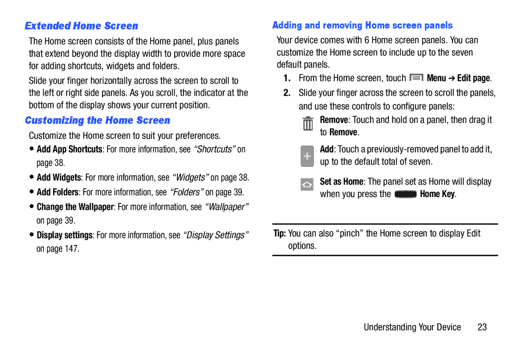 Samsung GH68-38773F user manual Extended Home Screen, Customizing the Home Screen, Adding and removing Home screen panels 