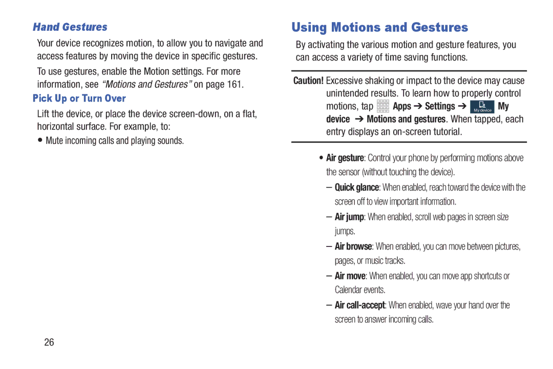 Samsung GH68-38773F user manual Using Motions and Gestures, Hand Gestures, Pick Up or Turn Over, Motions, tap 