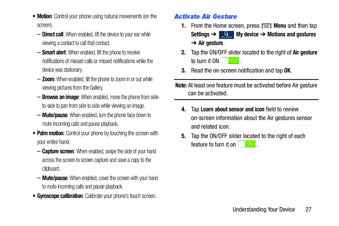 Samsung GH68-38773F user manual Activate Air Gesture, Air gesture, To turn it on Read the on-screen notification and tap OK 