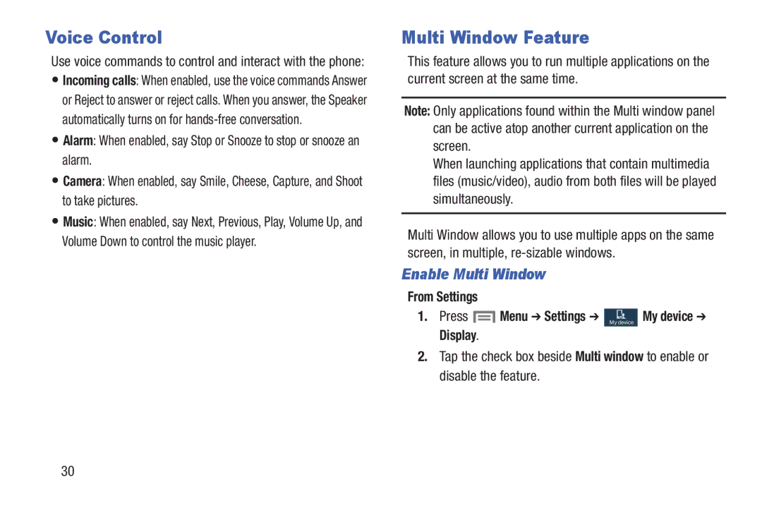 Samsung GH68-38773F user manual Voice Control, Multi Window Feature, Enable Multi Window, From Settings, Display 