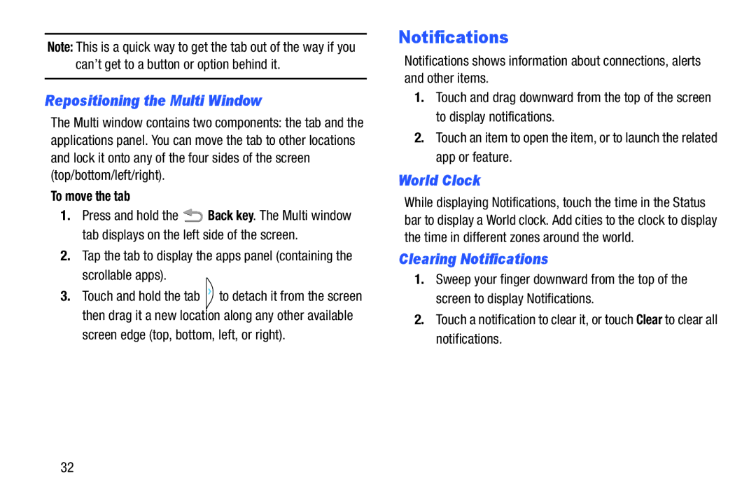 Samsung GH68-38773F user manual Repositioning the Multi Window, World Clock, Clearing Notifications, To move the tab 