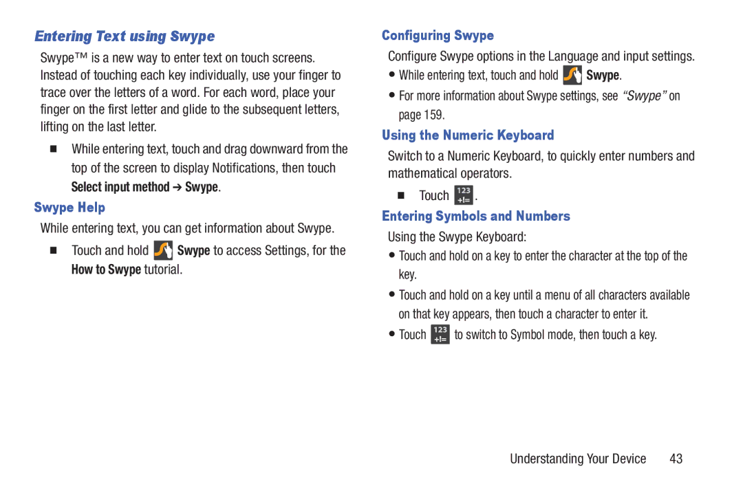 Samsung GH68-38773F user manual Entering Text using Swype, Swype Help, Configuring Swype, Using the Numeric Keyboard 