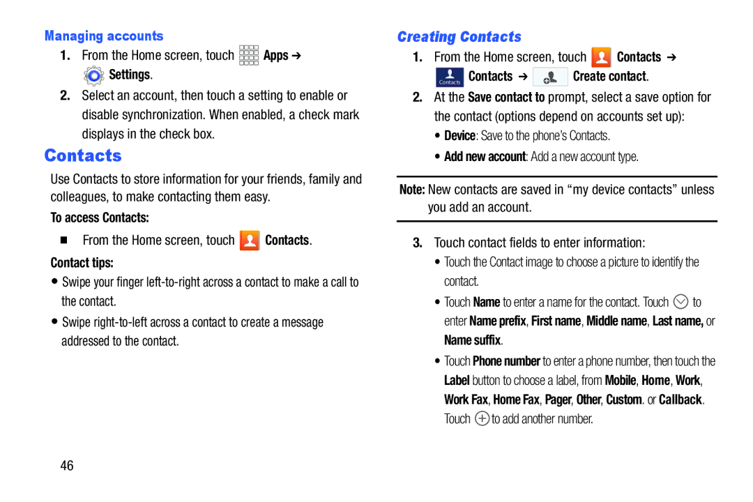 Samsung GH68-38773F user manual Creating Contacts, Managing accounts 