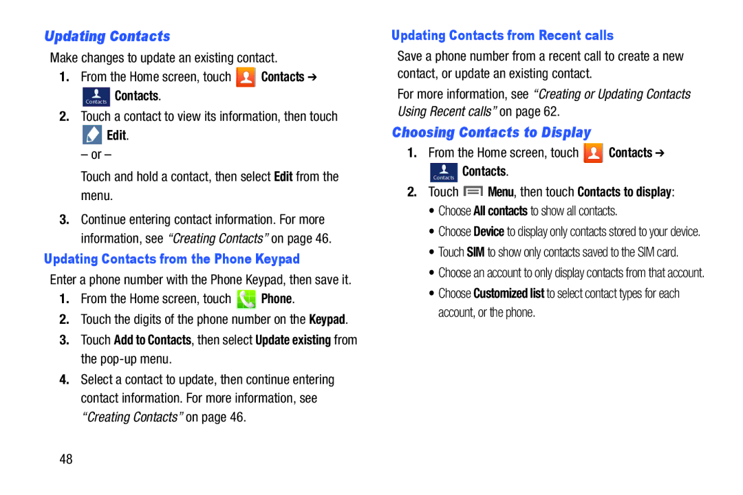 Samsung GH68-38773F user manual Choosing Contacts to Display, Edit, Updating Contacts from the Phone Keypad 