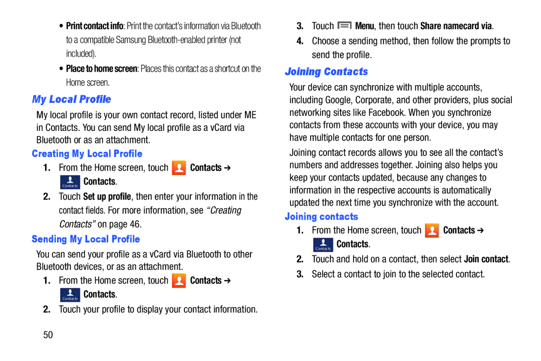 Samsung GH68-38773F user manual Joining Contacts, Creating My Local Profile, Sending My Local Profile, Joining contacts 