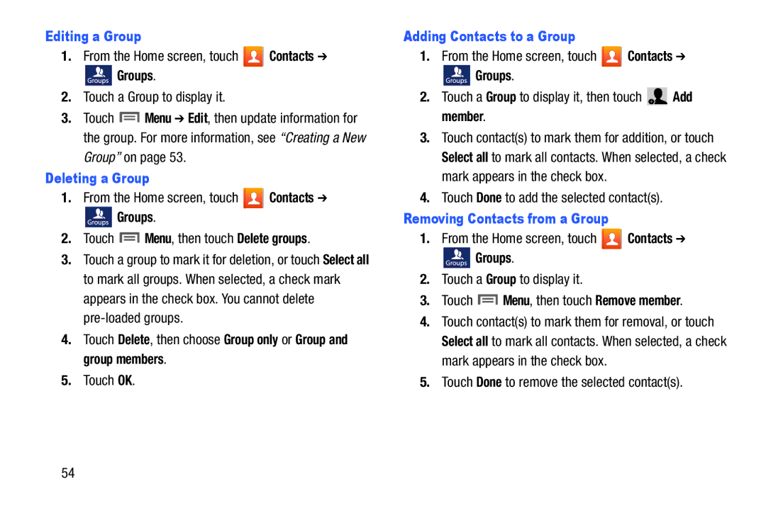 Samsung GH68-38773F Editing a Group, Deleting a Group, Adding Contacts to a Group, Member, Removing Contacts from a Group 