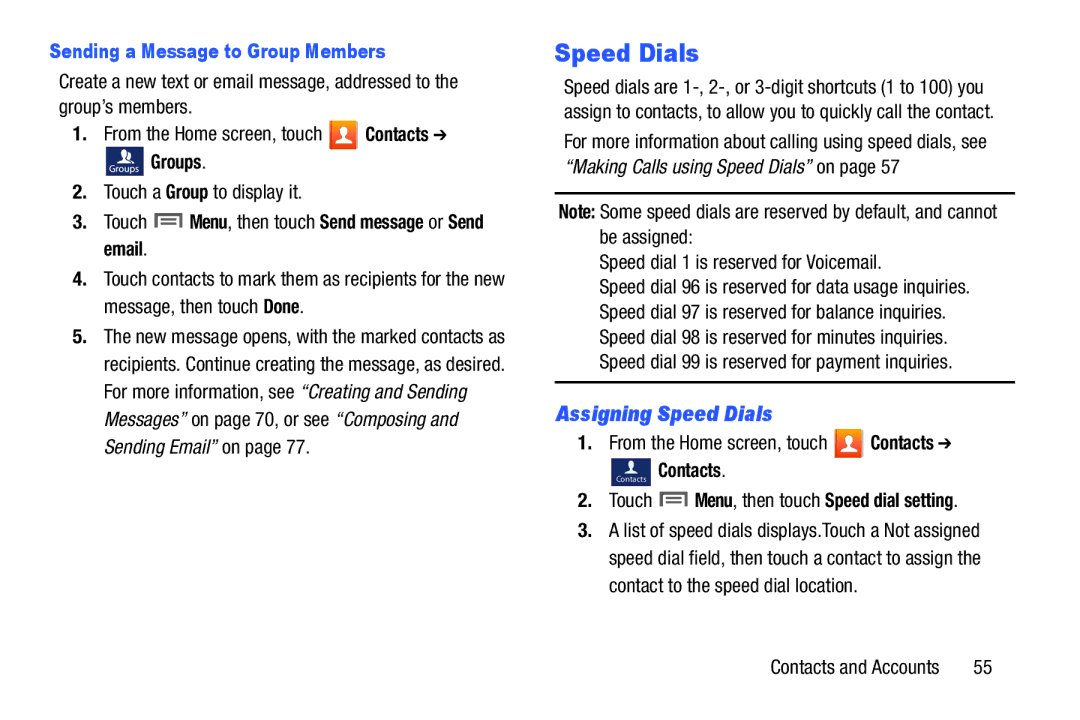 Samsung GH68-38773F Assigning Speed Dials, Sending a Message to Group Members, Speed dial 1 is reserved for Voicemail 