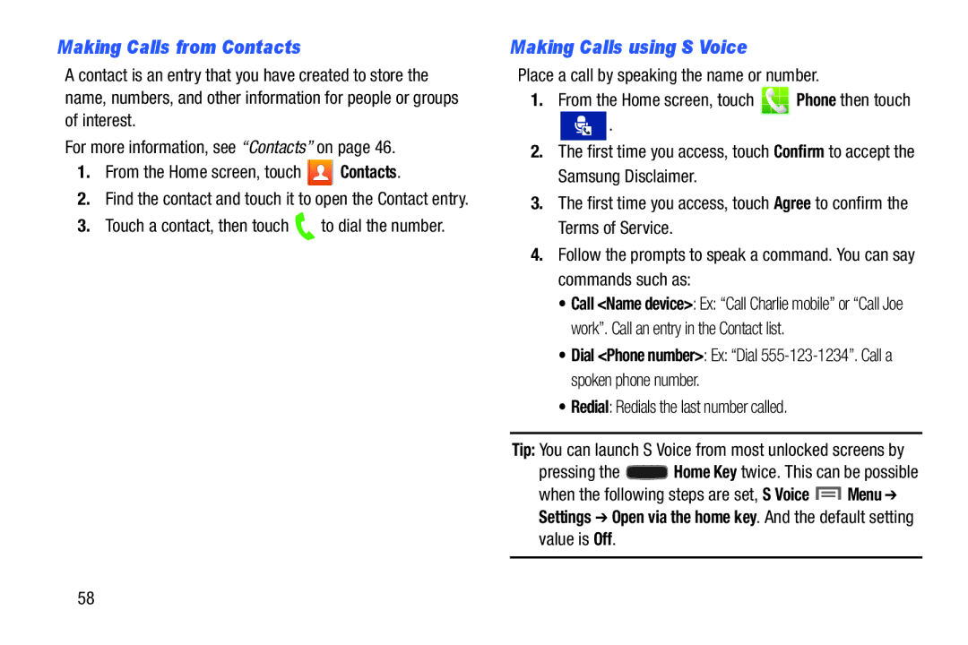 Samsung GH68-38773F user manual Making Calls from Contacts, Making Calls using S Voice 