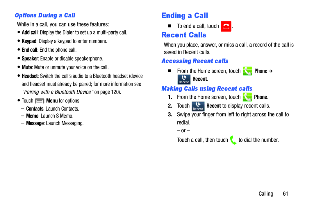 Samsung GH68-38773F user manual Ending a Call, Recent Calls, Options During a Call, Accessing Recent calls 