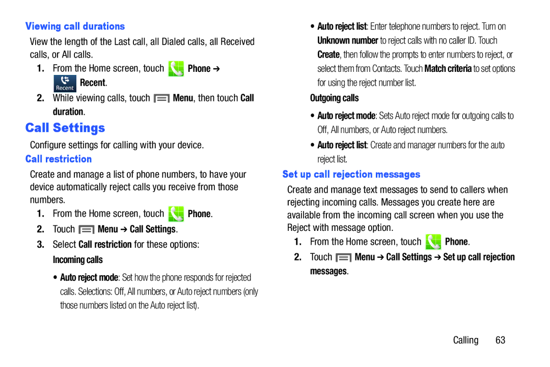 Samsung GH68-38773F user manual Call Settings, Viewing call durations, Call restriction, Set up call rejection messages 