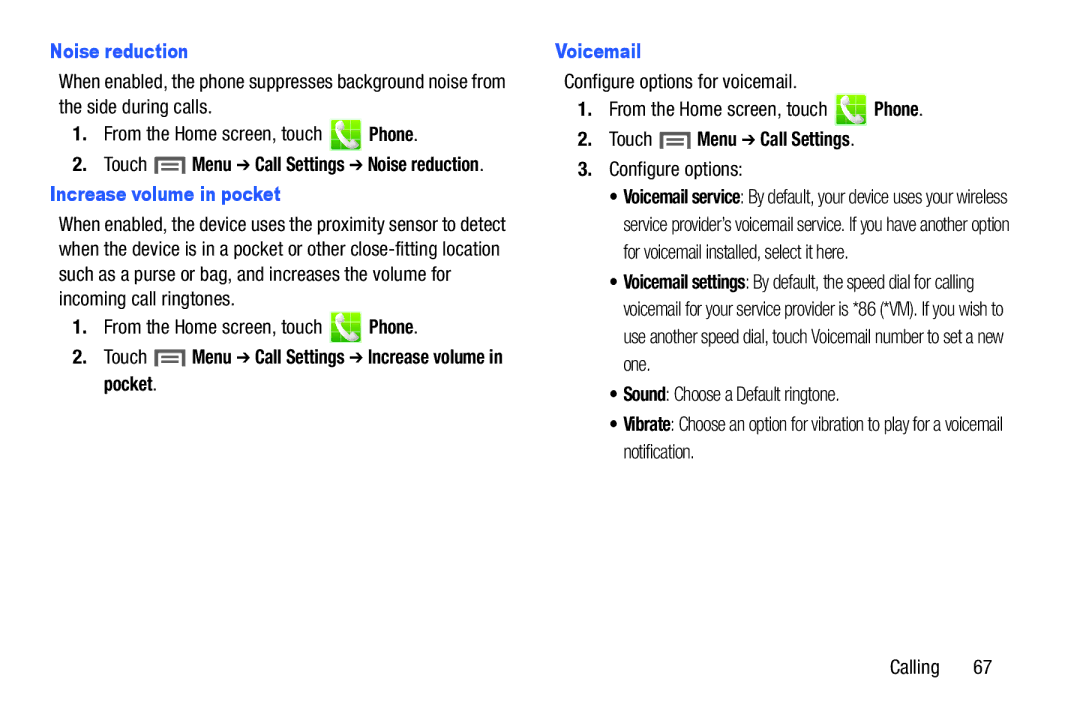 Samsung GH68-38773F user manual Noise reduction, Touch Menu Call Settings Increase volume in pocket, Voicemail 