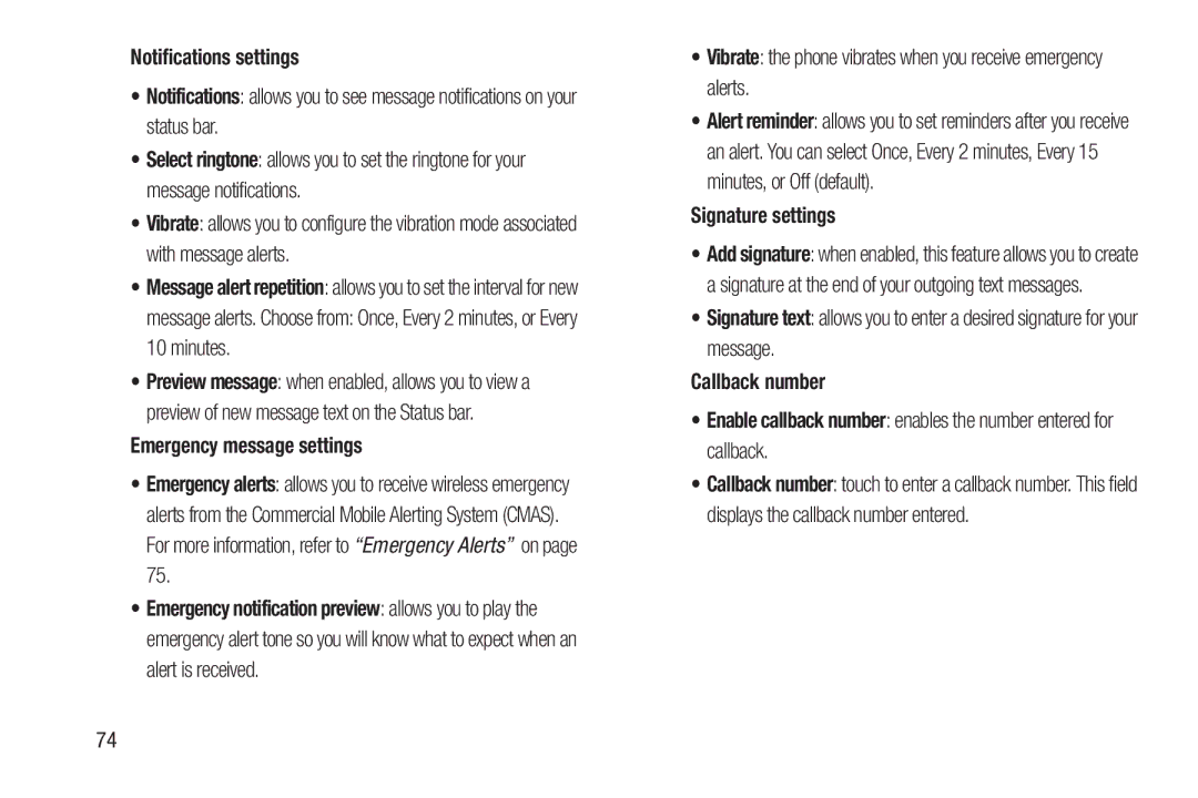 Samsung GH68-38773F user manual Notifications settings, Emergency message settings, Signature settings 