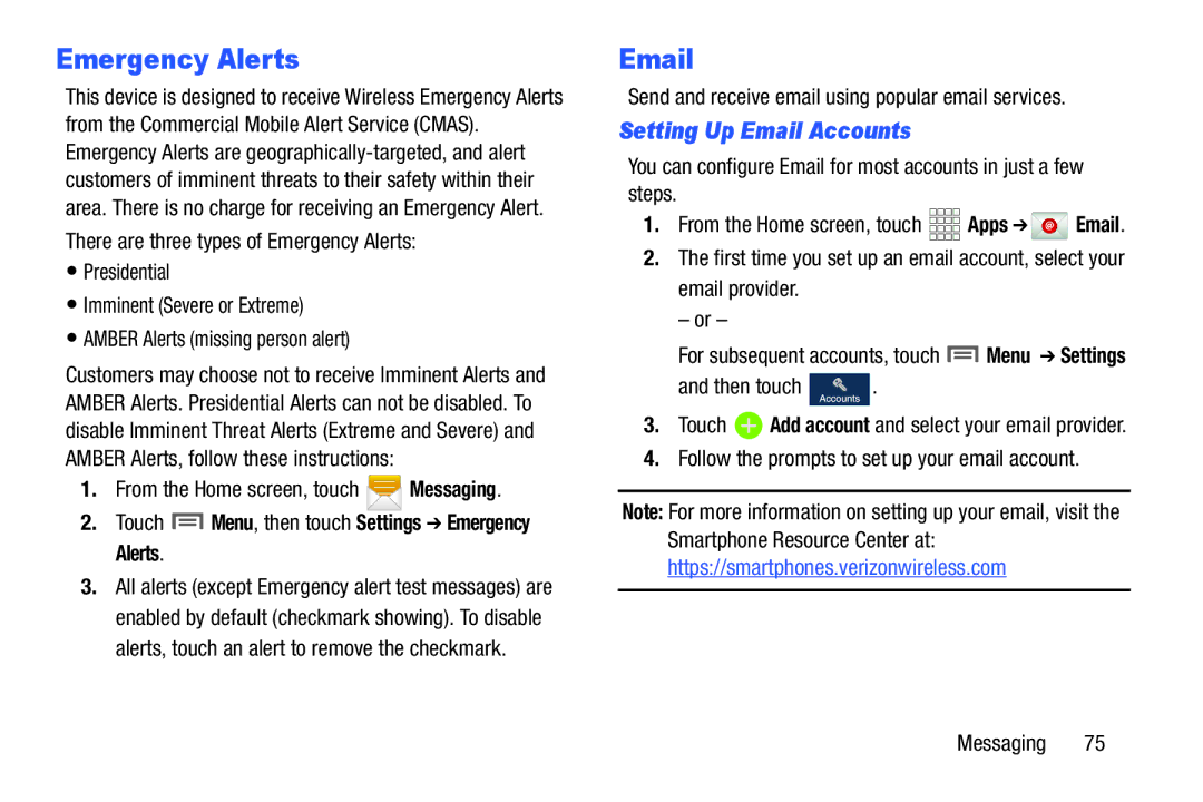 Samsung GH68-38773F Emergency Alerts, Setting Up Email Accounts, Send and receive email using popular email services 