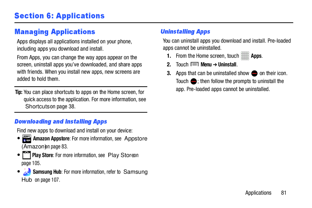 Samsung GH68-38773F Managing Applications, Downloading and Installing Apps, Uninstalling Apps, Touch Menu Uninstall 