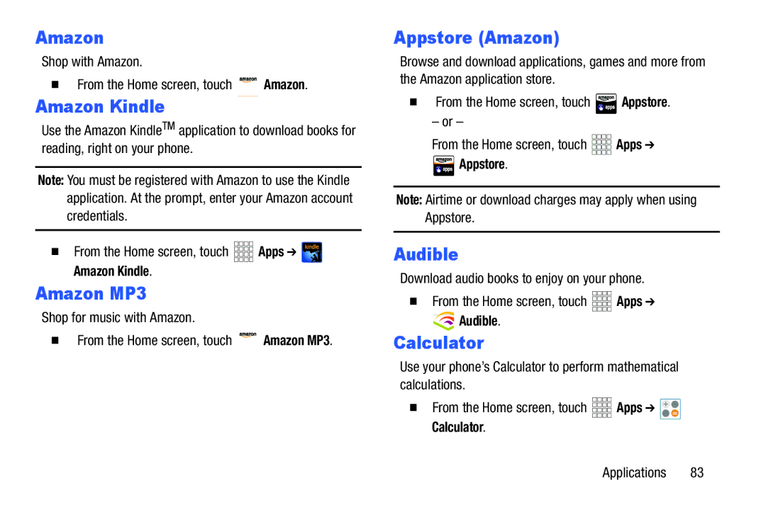 Samsung GH68-38773F user manual Amazon Kindle, Amazon MP3, Appstore Amazon, Audible, Calculator 