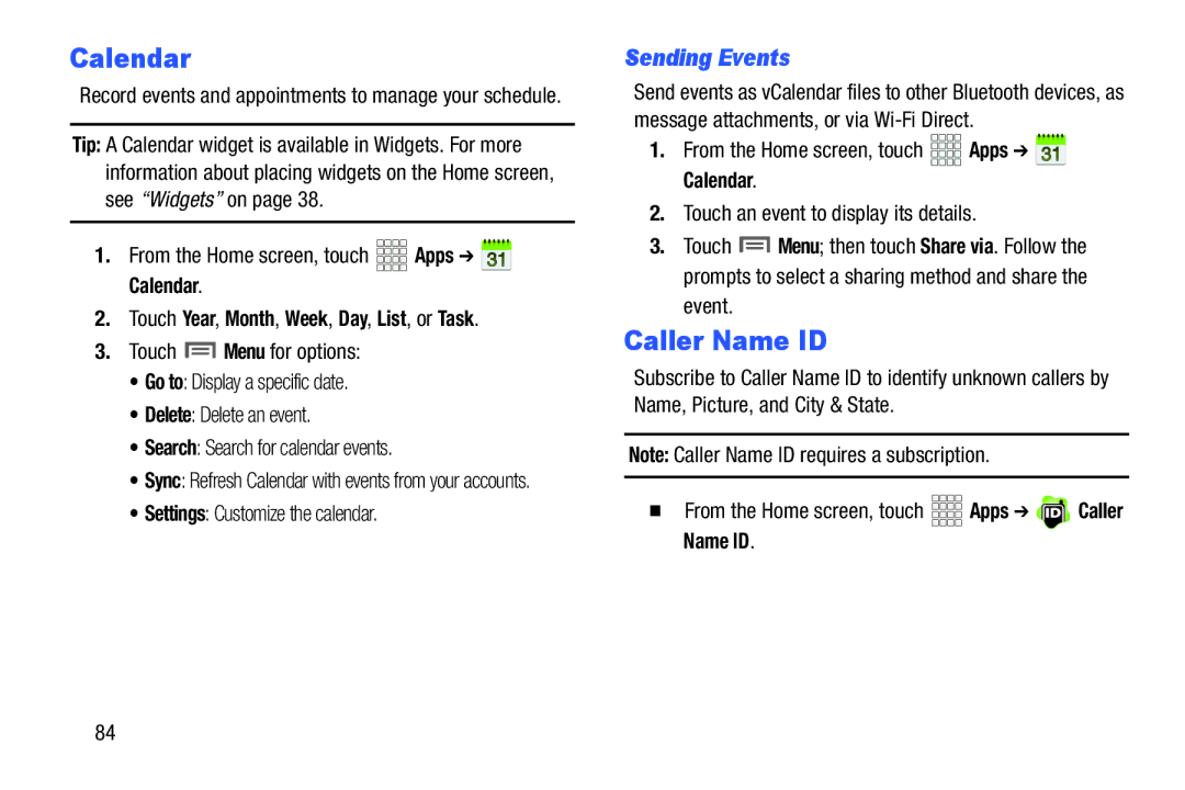 Samsung GH68-38773F user manual Calendar, Caller Name ID, Sending Events, Touch Year, Month, Week, Day, List, or Task 