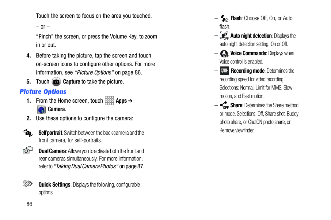 Samsung GH68-38773F Picture Options, Touch Capture to take the picture, Camera, Use these options to configure the camera 