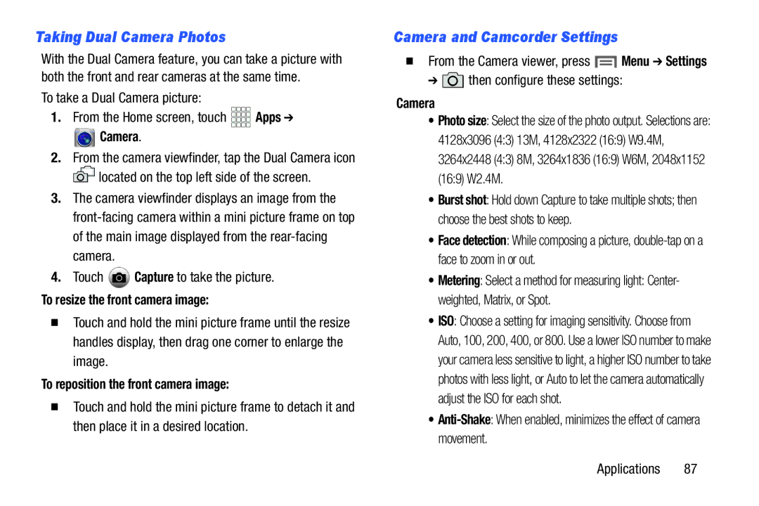 Samsung GH68-38773F user manual Taking Dual Camera Photos, Camera and Camcorder Settings, To resize the front camera image 