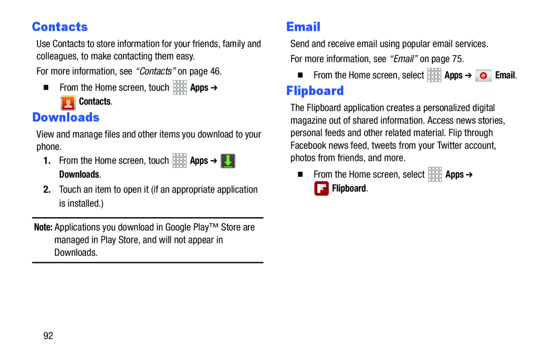 Samsung GH68-38773F user manual Downloads, Flipboard, Contacts,  From the Home screen, select Apps 