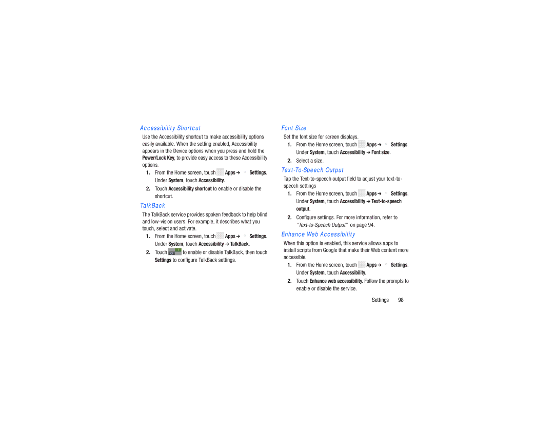 Samsung GH68-38783A user manual Set the font size for screen displays, Select a size, Accessibility Shortcut, TalkBack 