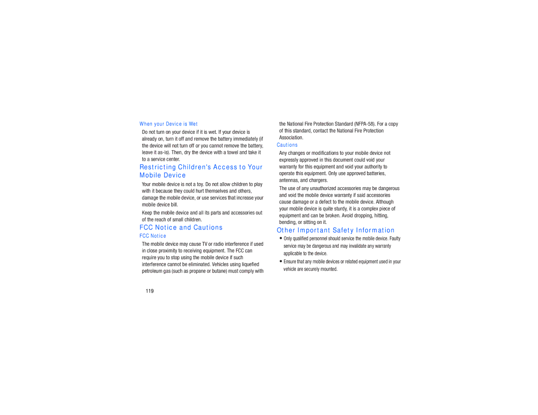 Samsung GH68-38783A user manual Restricting Childrens Access to Your Mobile Device, FCC Notice and Cautions, 119 