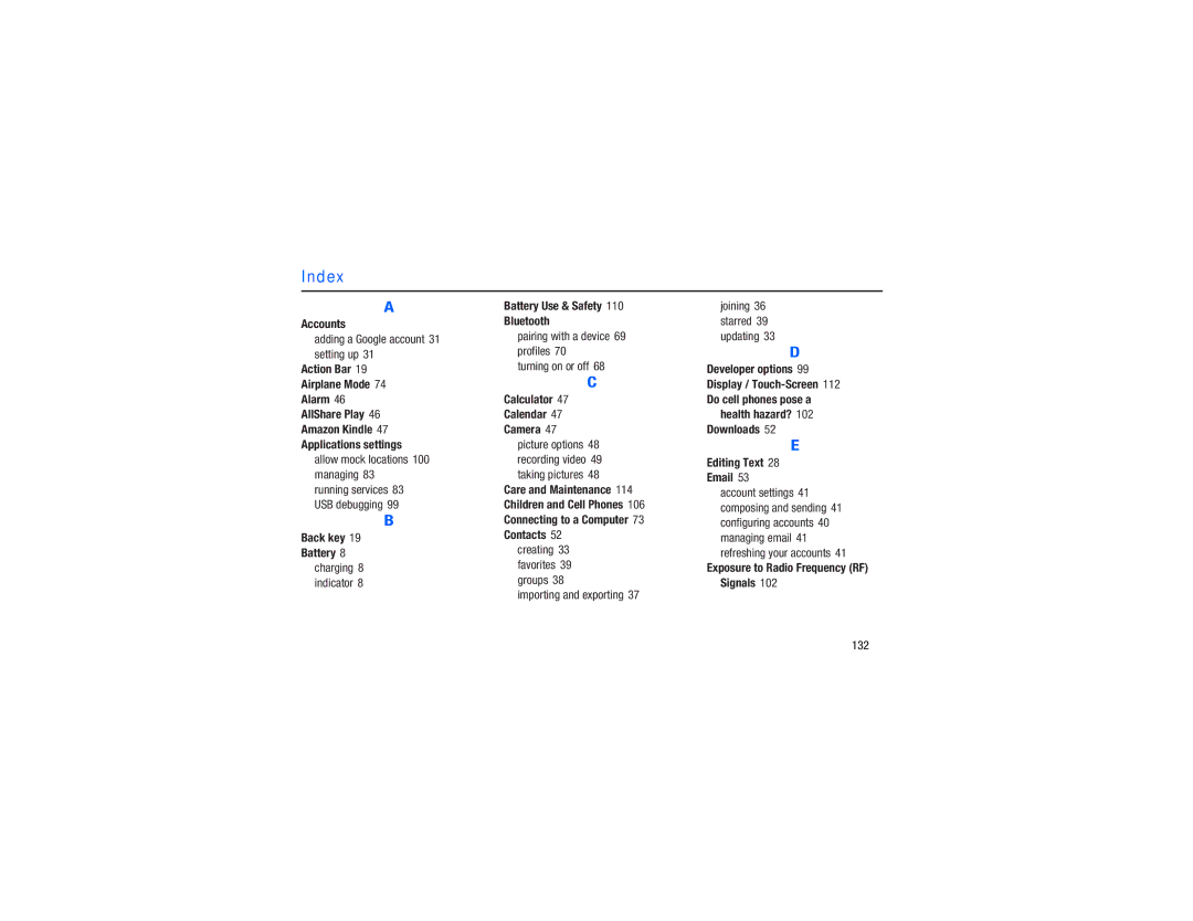 Samsung GH68-38783A Index, Allow mock locations 100 managing, Pairing with a device 69 profiles Turning on or off, 132 