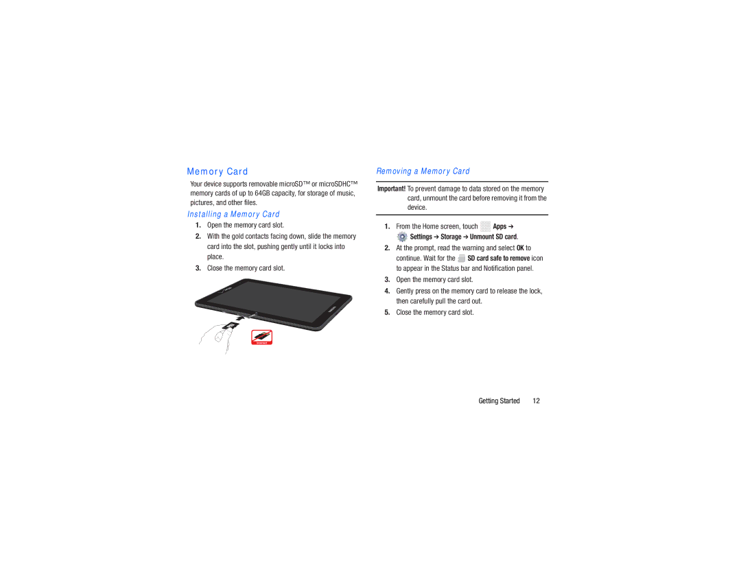 Samsung GH68-38783A user manual Installing a Memory Card, Removing a Memory Card, Settings Storage Unmount SD card 