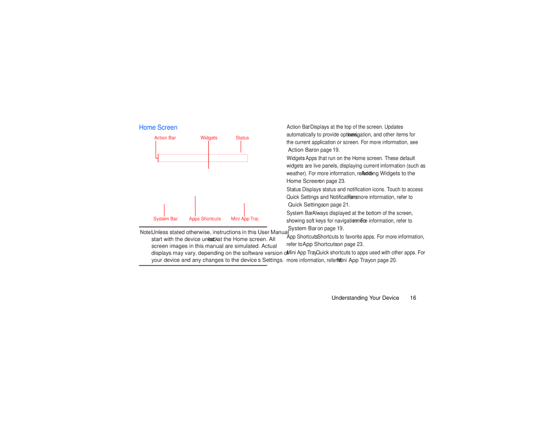 Samsung GH68-38783A user manual Home Screen, System Bar Apps Shortcuts 