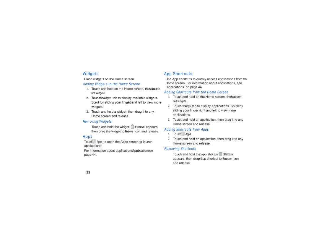 Samsung GH68-38783A user manual Widgets, Apps, App Shortcuts, Place widgets on the Home screen, Release 