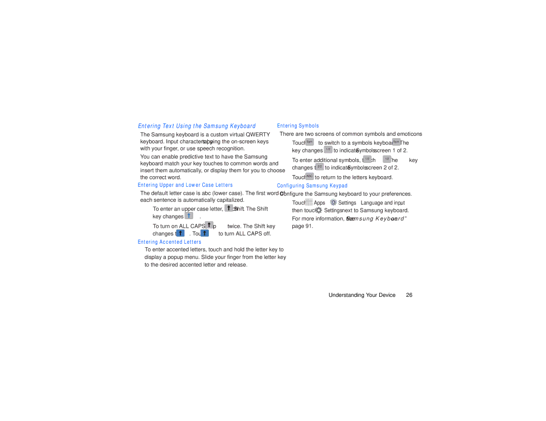 Samsung GH68-38783A user manual Changes to . Touch to turn ALL Caps off,  Touch ABC to return to the letters keyboard 