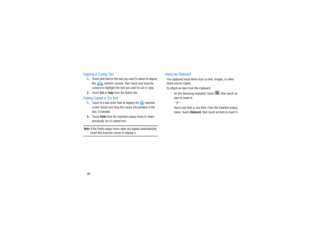 Samsung GH68-38783A user manual Touch Cut or Copy from the Action bar, Copying or Cutting Text, Pasting Copied or Cut Text 