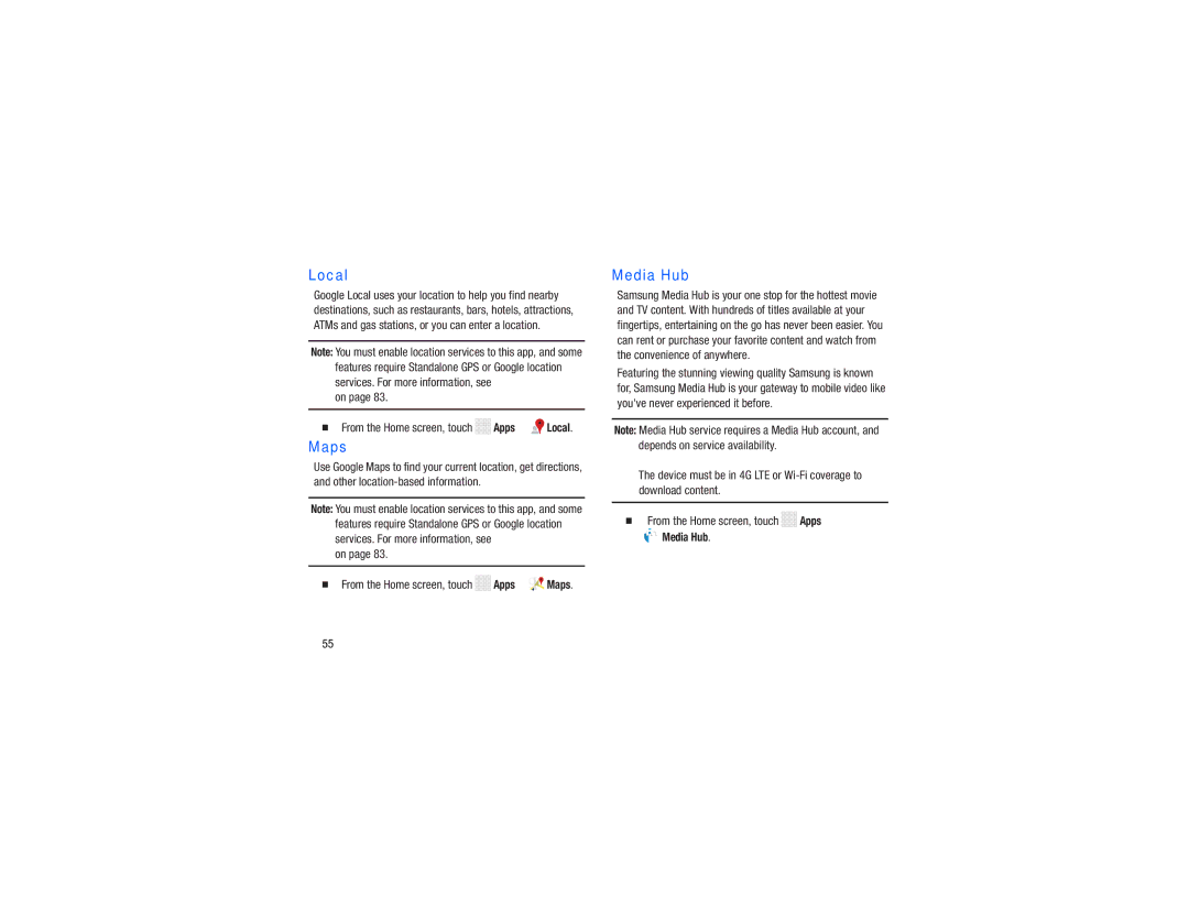 Samsung GH68-38783A user manual Maps, Media Hub,  From the Home screen, touch Apps Local 