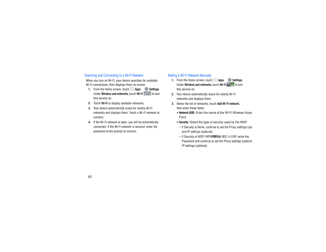 Samsung GH68-38783A user manual Scanning and Connecting to a Wi-Fi Network, Adding a Wi-Fi Network Manually 