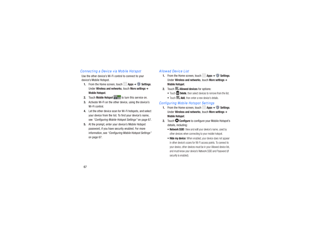 Samsung GH68-38783A Touch Allowed devices for options, Connecting a Device via Mobile Hotspot, Allowed Device List 